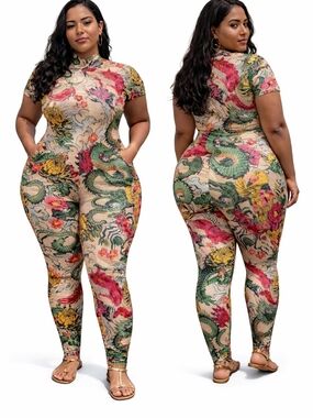 Jumpsuit Dragon Print Bodycon Stretch One Piece Womens Size Medium